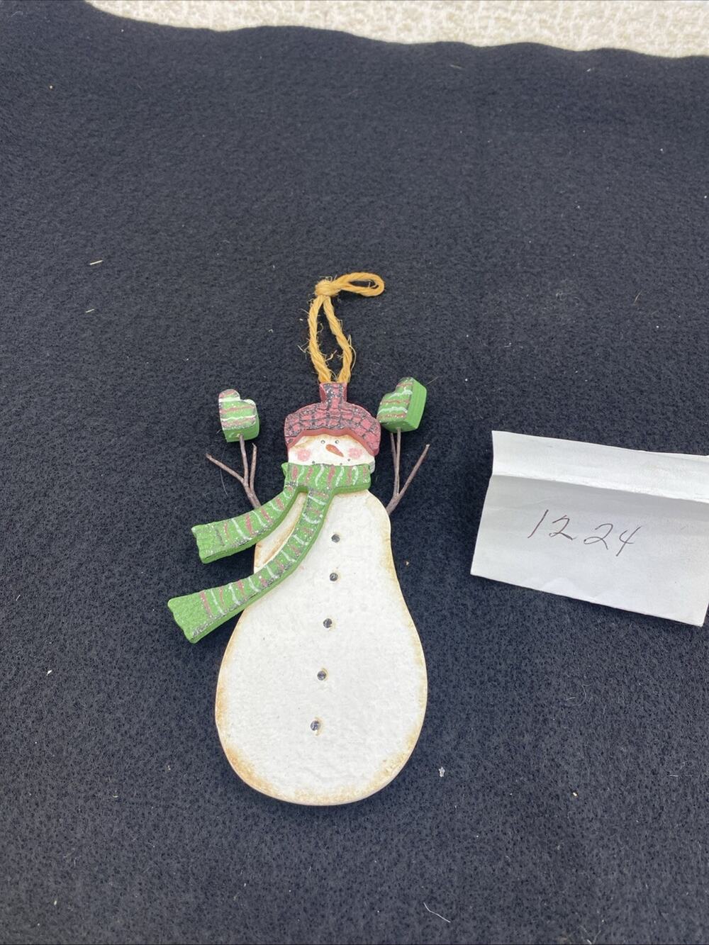 Wooden Snowman With Metal Arms ornament Red Hat And Green Scarf & Mittens 5.5”￼